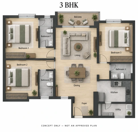3 BHK floor plan at Arvind Goregaon West, approx.  1000 - 1200 sq.ft.