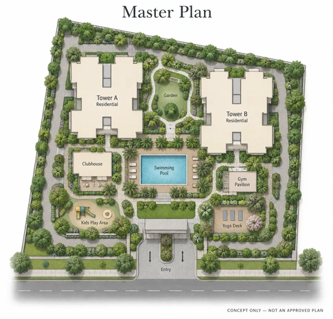 Arvind Goregaon West master plan showing the towers, landscaped areas and amenity zones at Velachery